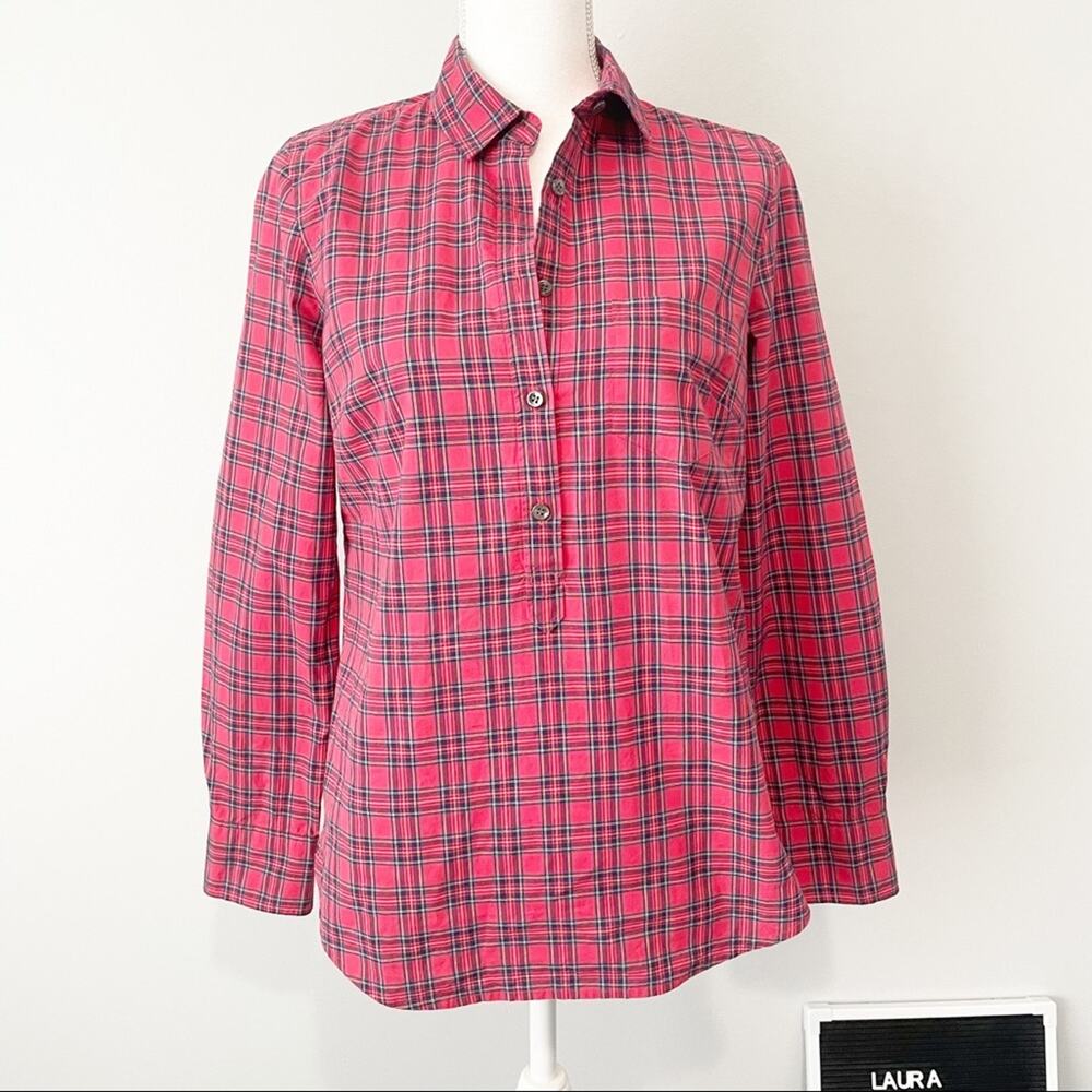 J Crew red plaid half button top size 2 cotton preppy classic